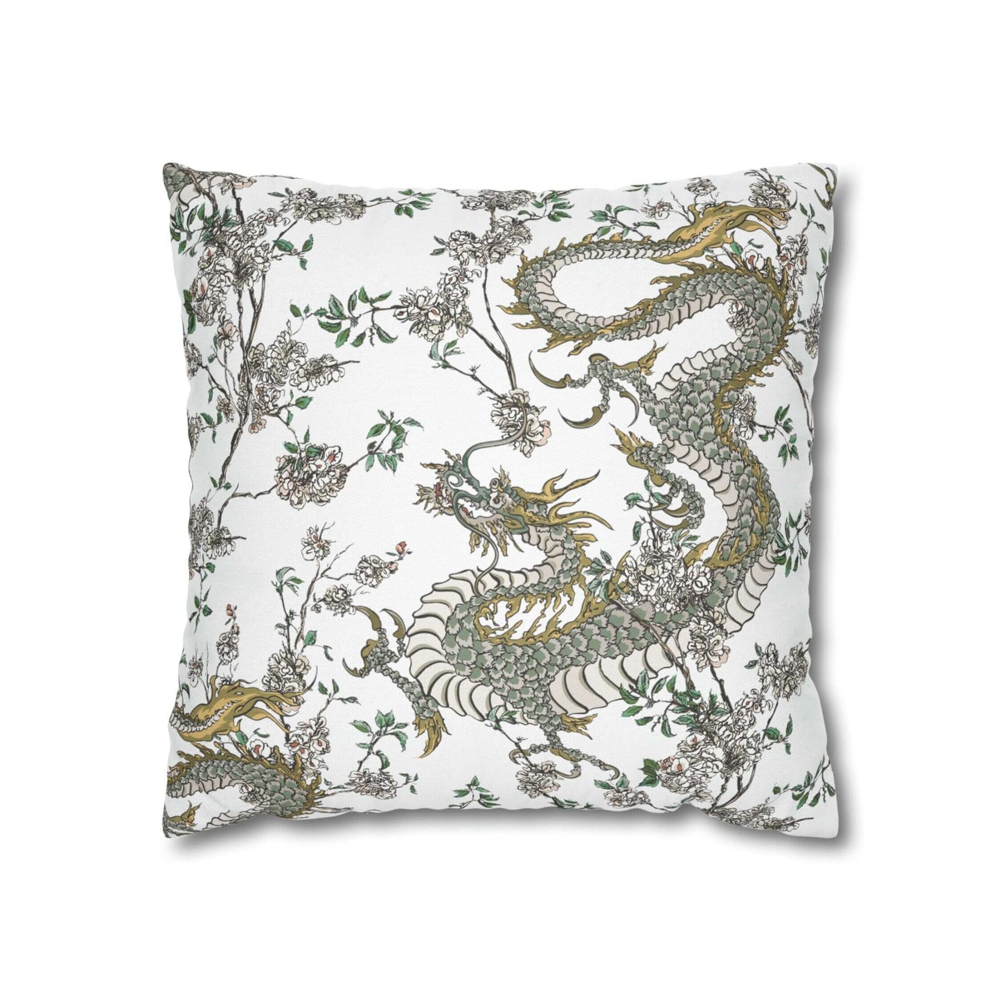 White chinoiserie pillow with dragon and floral design. Oriental decorative throw pillow.