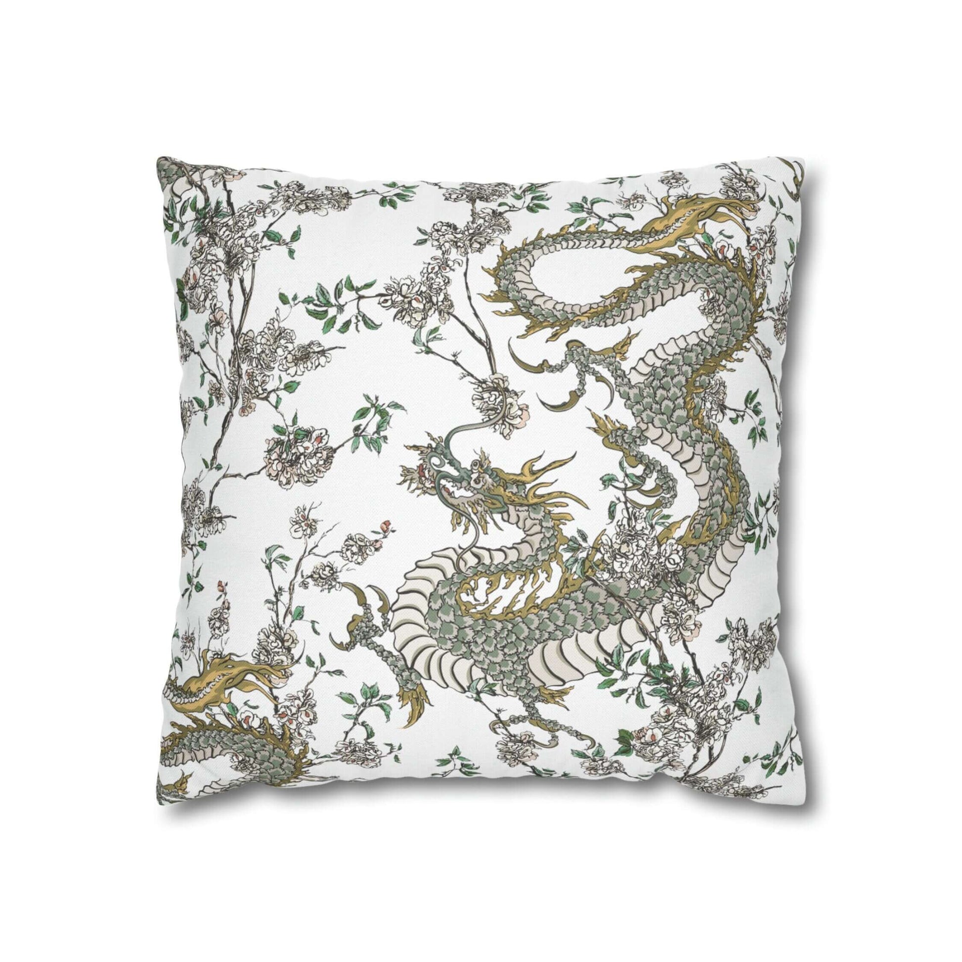 White chinoiserie pillow with dragon and floral design. Oriental decorative throw pillow.