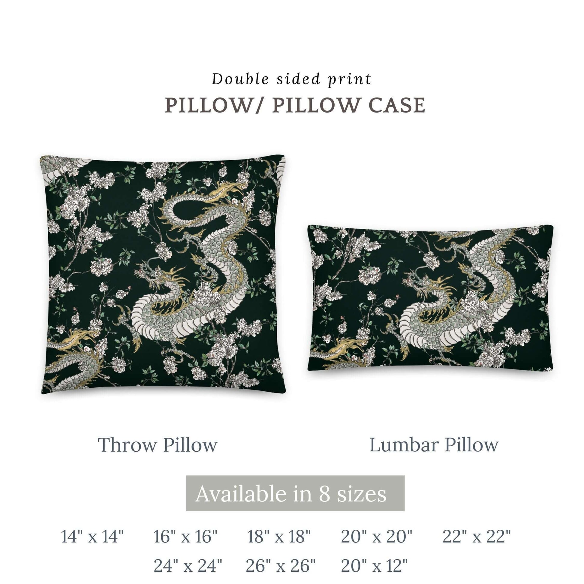 Dragon chinoiserie pillow sizes graphic. Double-sided print throw and lumbar pillows with oriental design. Available in 8 sizes