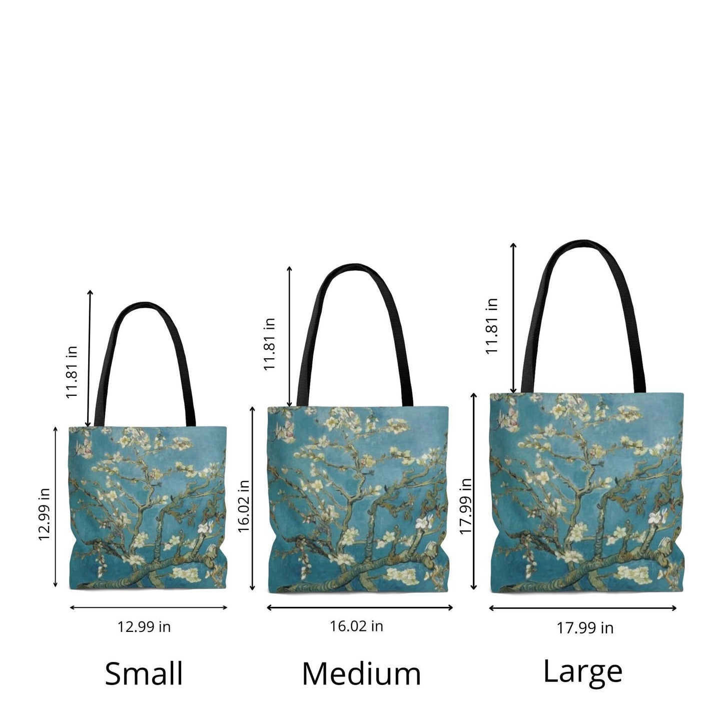 Sizes of Blue Van Gogh TOTE BAG - Almond Blossom Print - Vintage Art Inspired