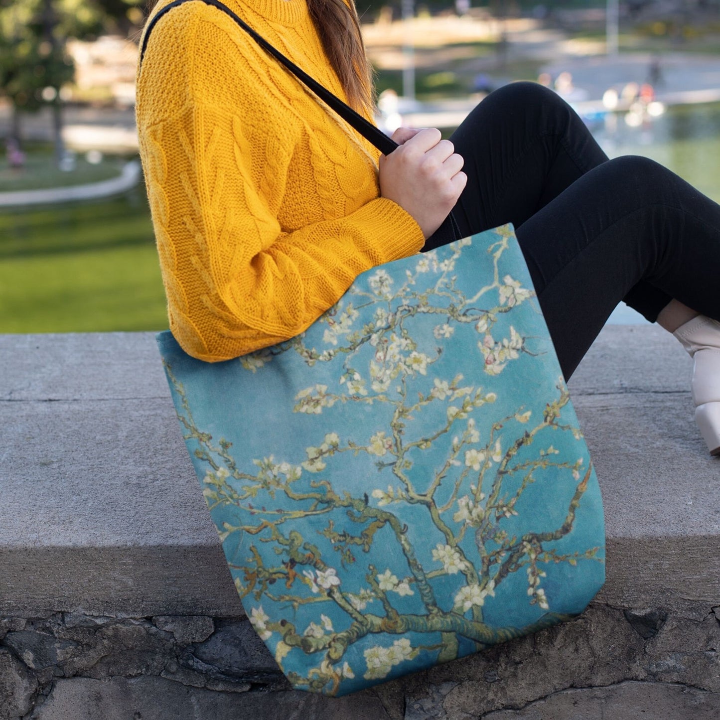 woman carry Blue Van Gogh TOTE BAG - Almond Blossom Print - Vintage Art Inspired