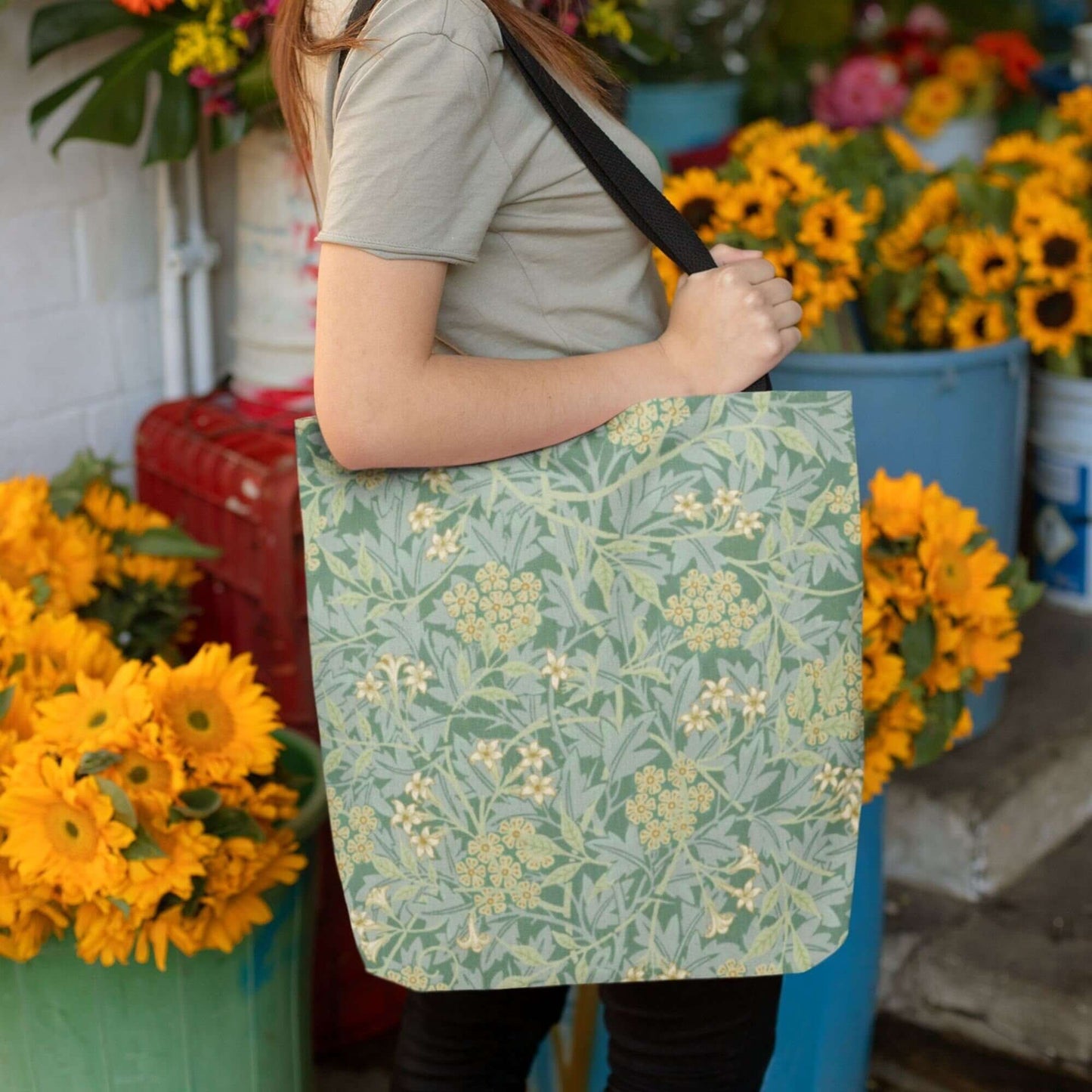 woman carrying Green William Morris TOTE BAG - Jasmine Pattern - Vintage Art Inspired