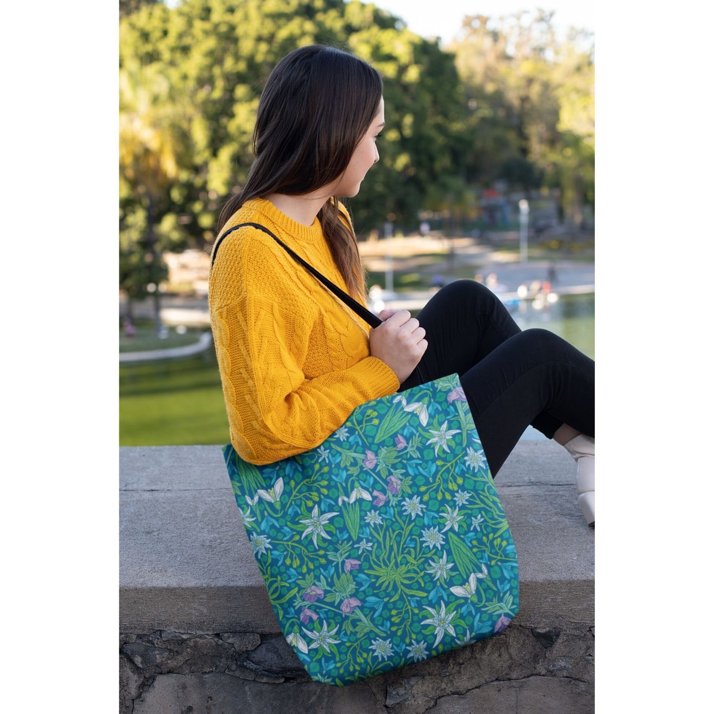 woman carrying Vintage Snowdrop Floral Tote Bag 