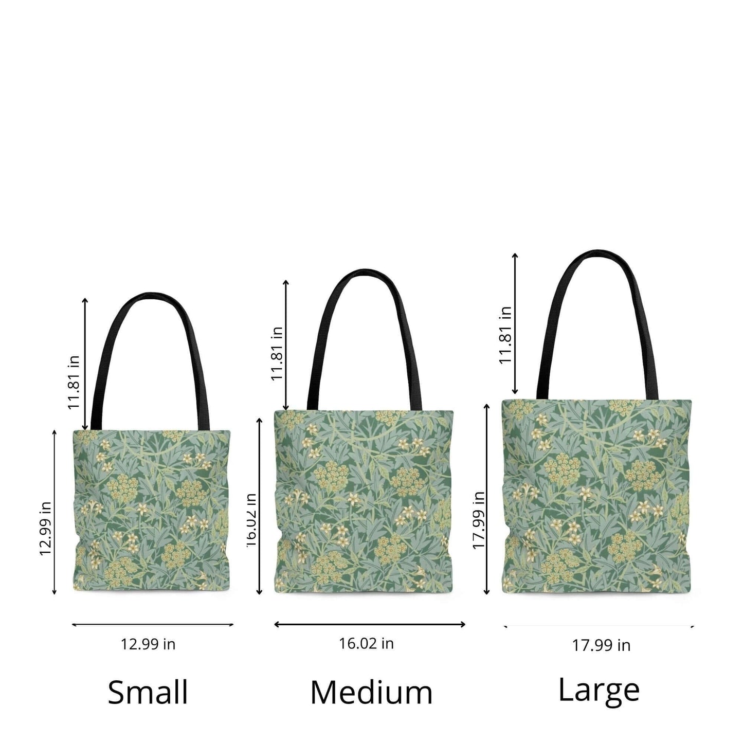 sizes of Green William Morris TOTE BAG - Jasmine Pattern - Vintage Art Inspired