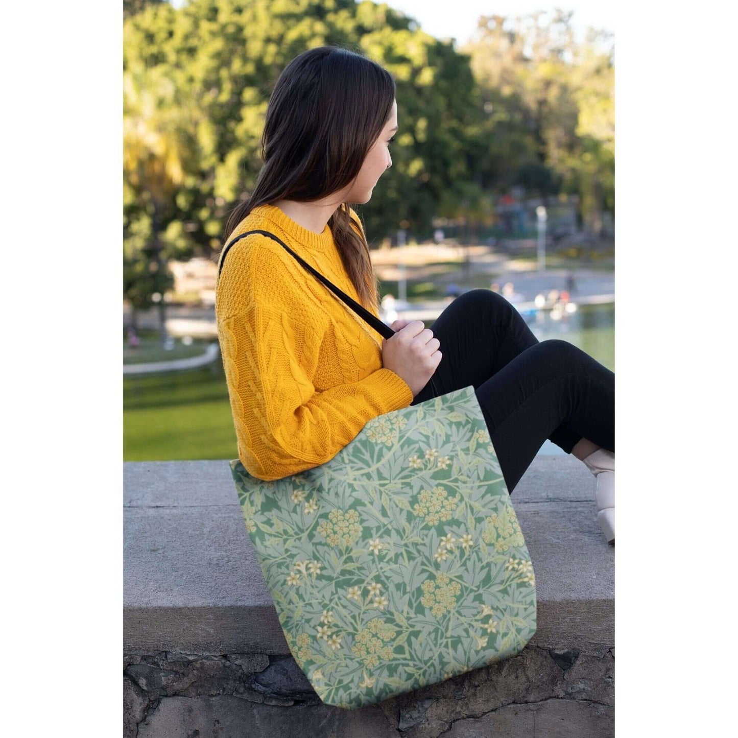 woman carrying Green William Morris TOTE BAG - Jasmine Pattern - Vintage Art Inspired