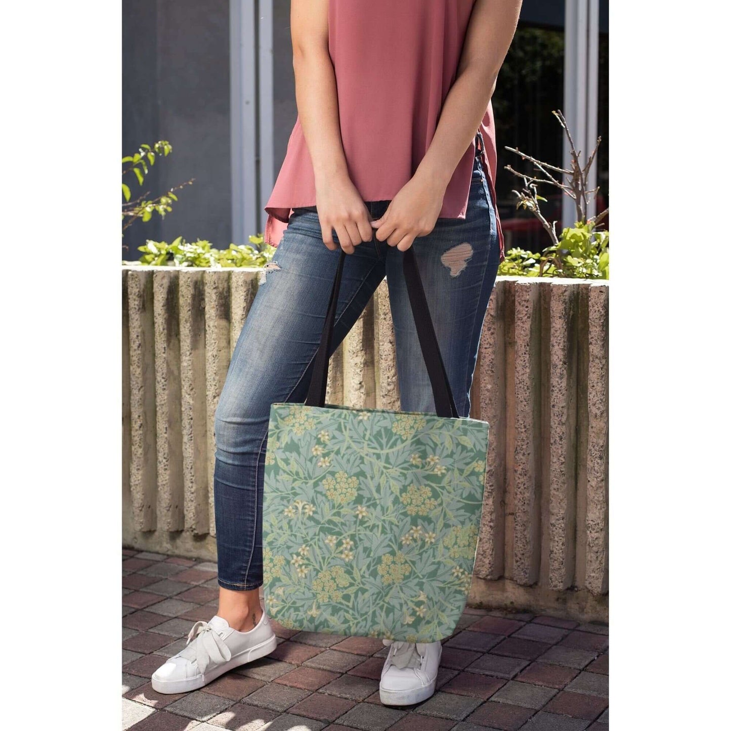 woman carrying Green William Morris TOTE BAG - Jasmine Pattern - Vintage Art Inspired