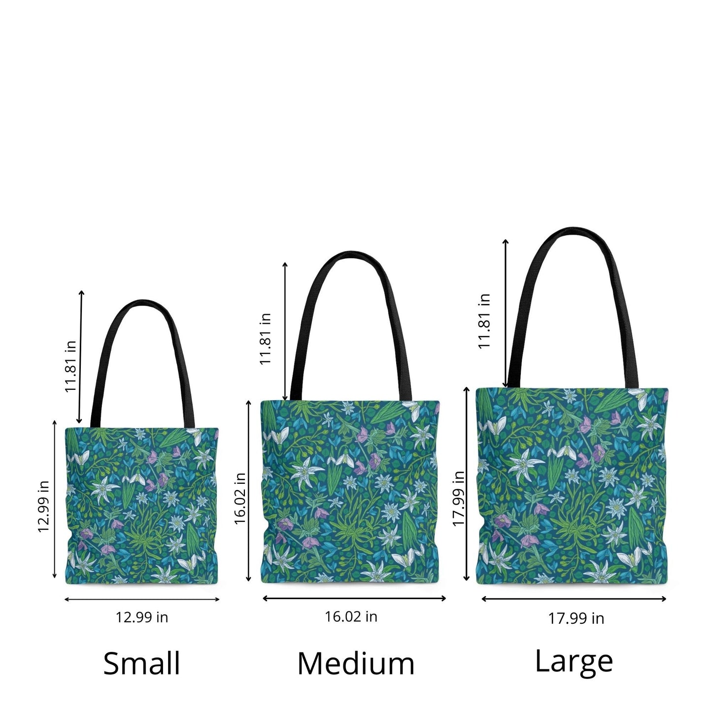 3 sizes of Vintage Snowdrop Floral Tote Bag from Blue Water Songs