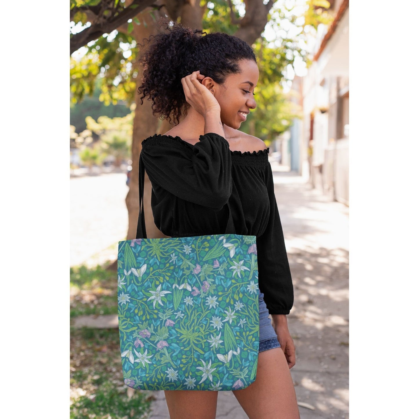 young girl carry Vintage Snowdrop Floral Tote Bag 