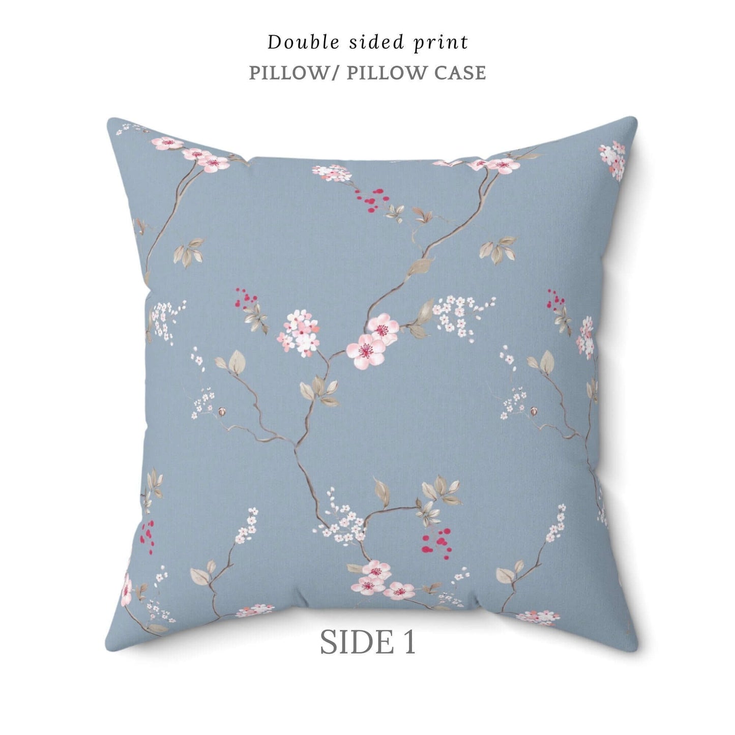 Fleur de cerisier rose avec coussin et housse bleus - DÉCOR DE PRINTEMPS
