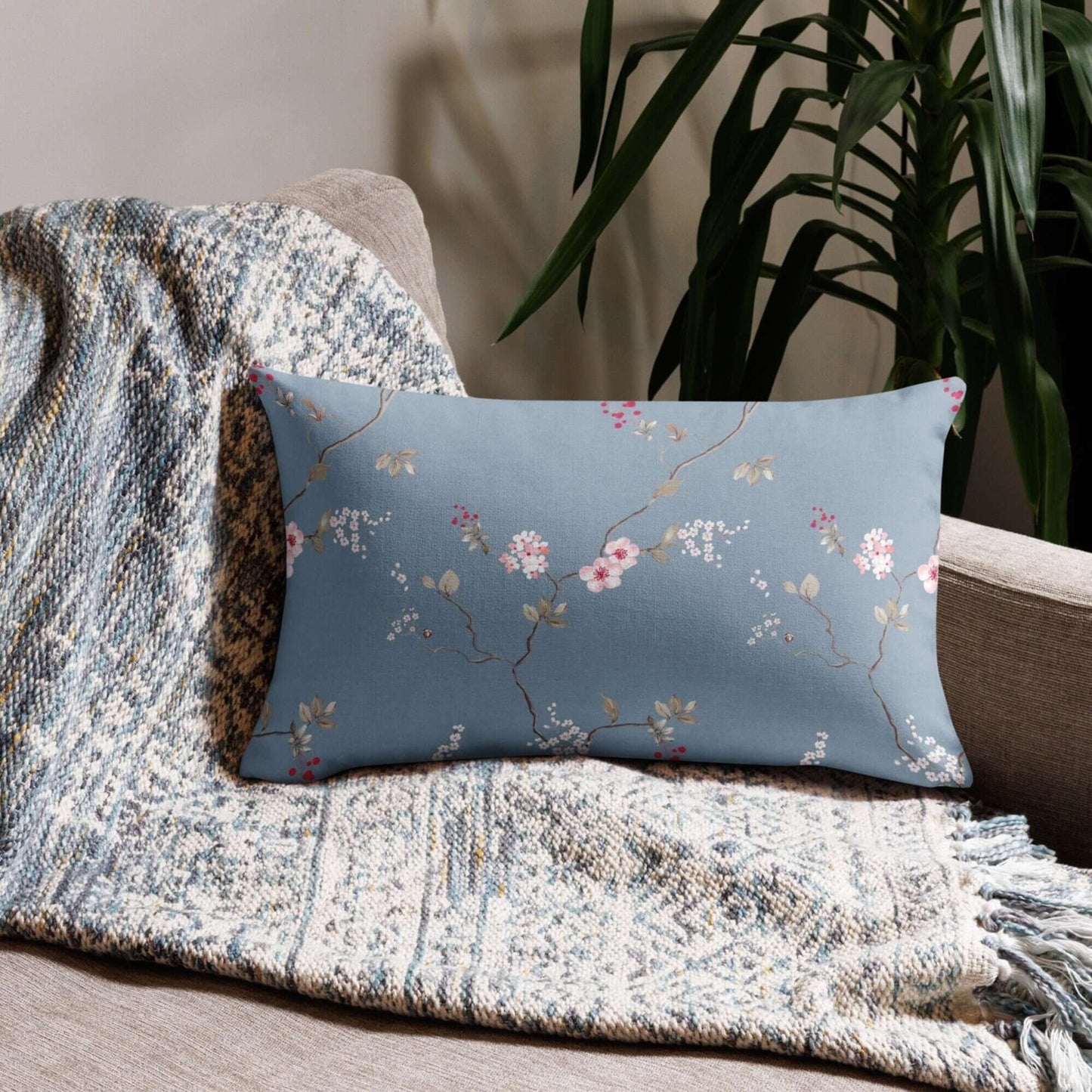 Pink Cherry Blossom Flowers Pillow Cover, Floral Pillow, Spring Pillow Cover, Spring Flower Pillow Cover, Blue Pillow, Farmhouse Pillow