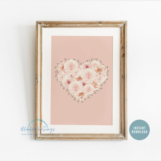 Watercolor Roses Valentine Heart Printable, Watercolor Heart Vintage Valentine Art Print, Botanical Poster, Heart wall art, Instant Download
