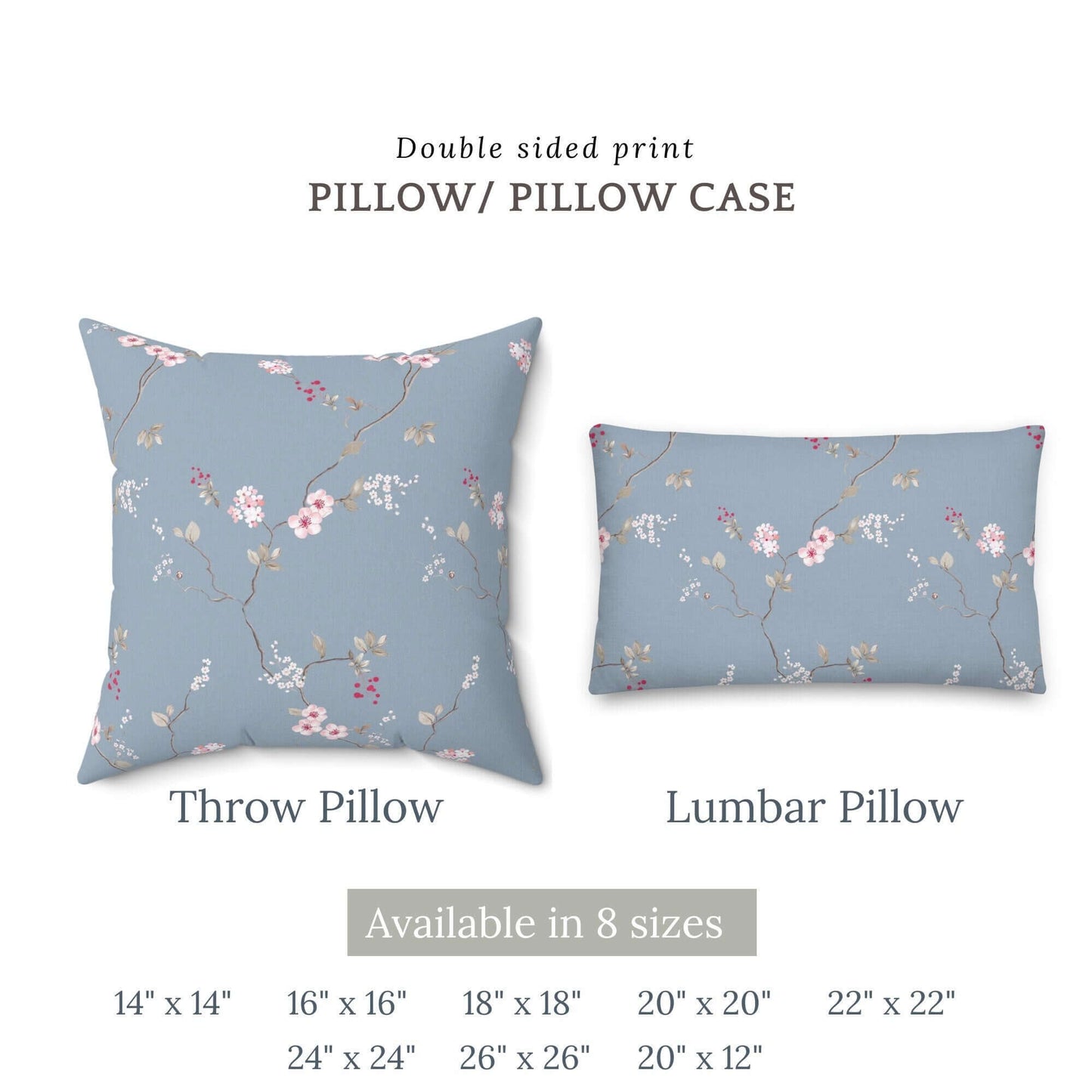 Pink Cherry Blossom Flowers Pillow Cover, Floral Pillow, Spring Pillow Cover, Spring Flower Pillow Cover, Blue Pillow, Farmhouse Pillow