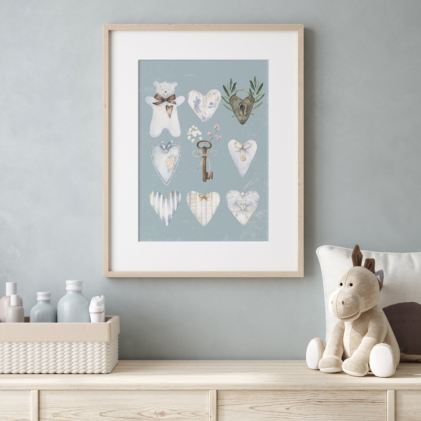 nursery baby boy room decorated with Watercolor Blue Hearts and Bear Painting wall art
