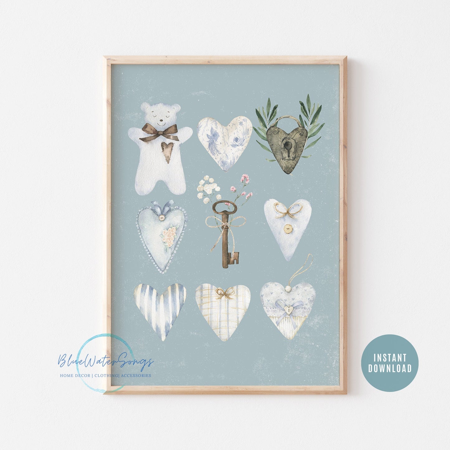 Watercolor Blue Heart Painting Print, Valentines Day Printable Art, Nursery Print, Love wall art, Boy Room Wall Decor, Instant Download