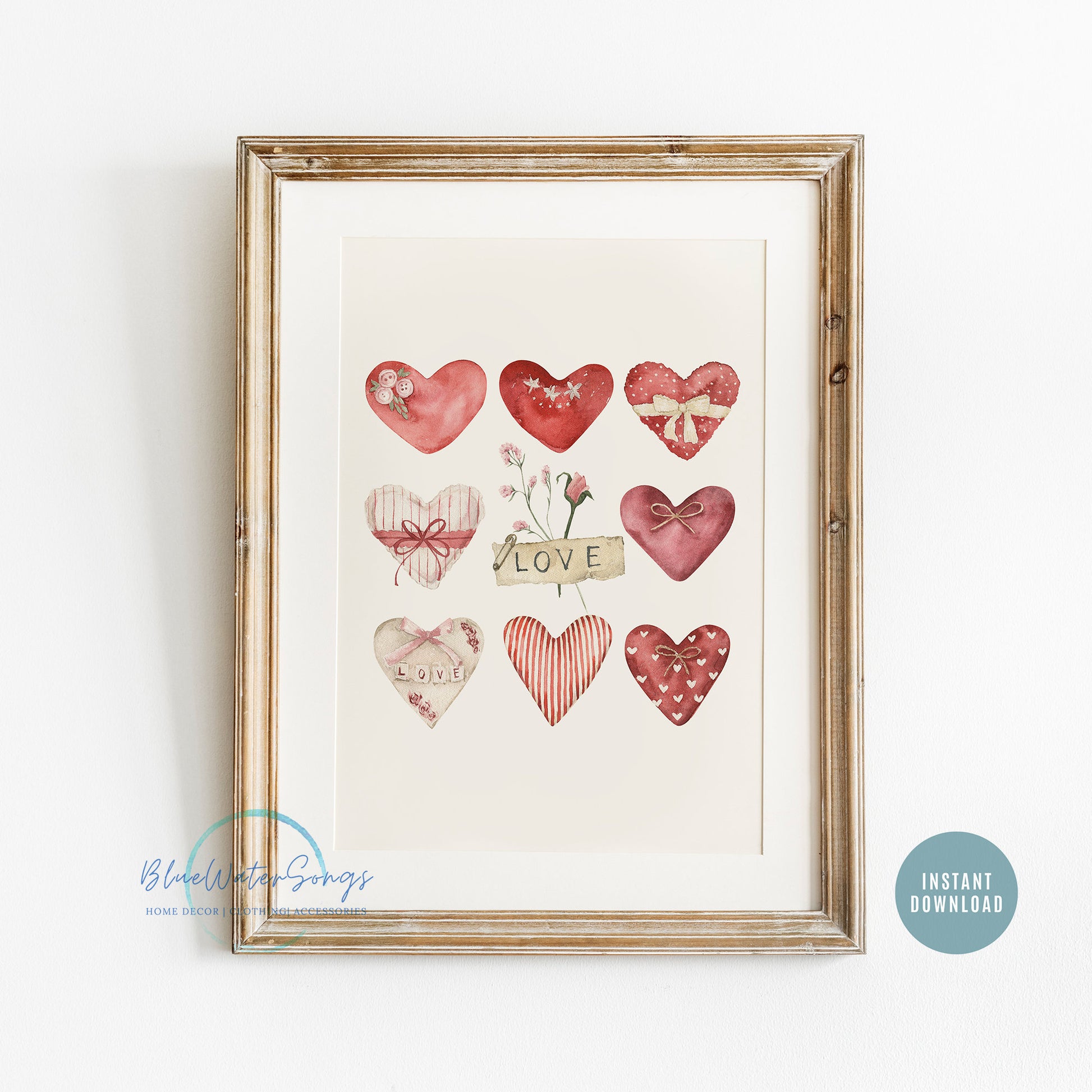 Watercolor Farmhouse Valentine Heart Printable, Watercolor Heart Vintage Valentine Art Print, Heart wall art, Instant Download