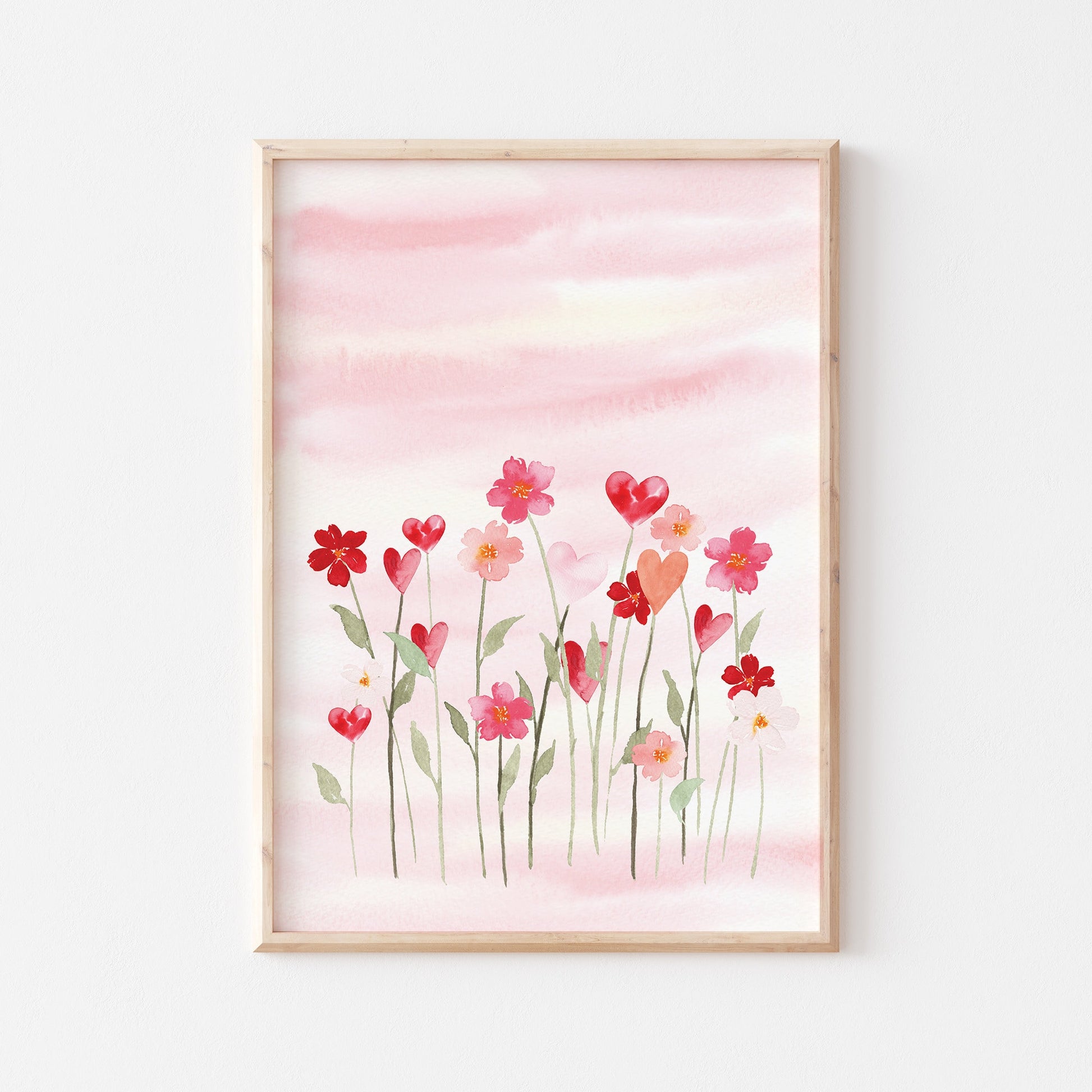 Watercolor Heart and Flowers Print, Valentines Day Art, Watercolor Pink Flower Watercolour Painting, Pink wall art, Instant Download