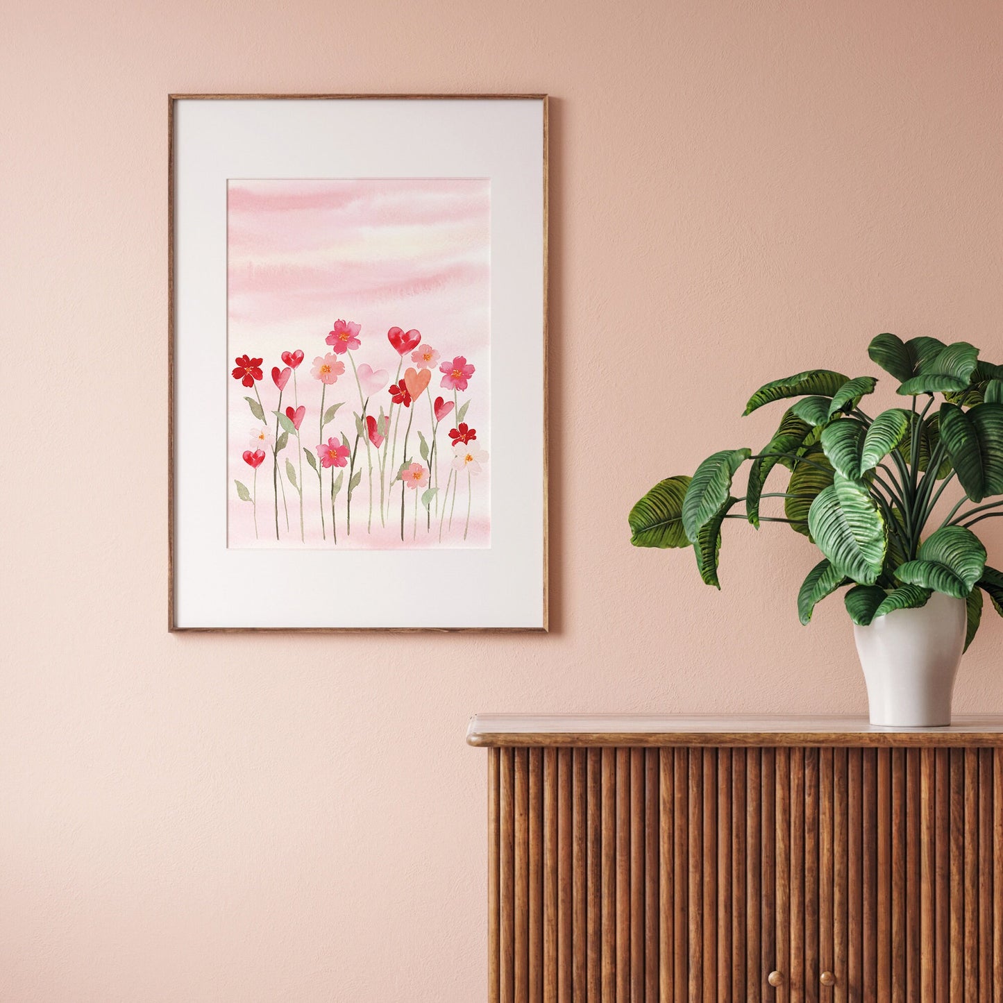 pink wall with Watercolor Pink Flower Watercolor Painting on it