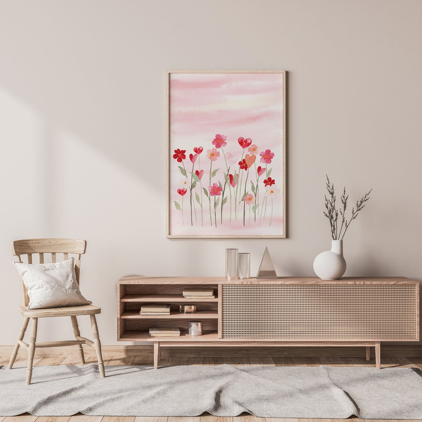 elegant living room with pink poster by Blue Water Songs on the wall