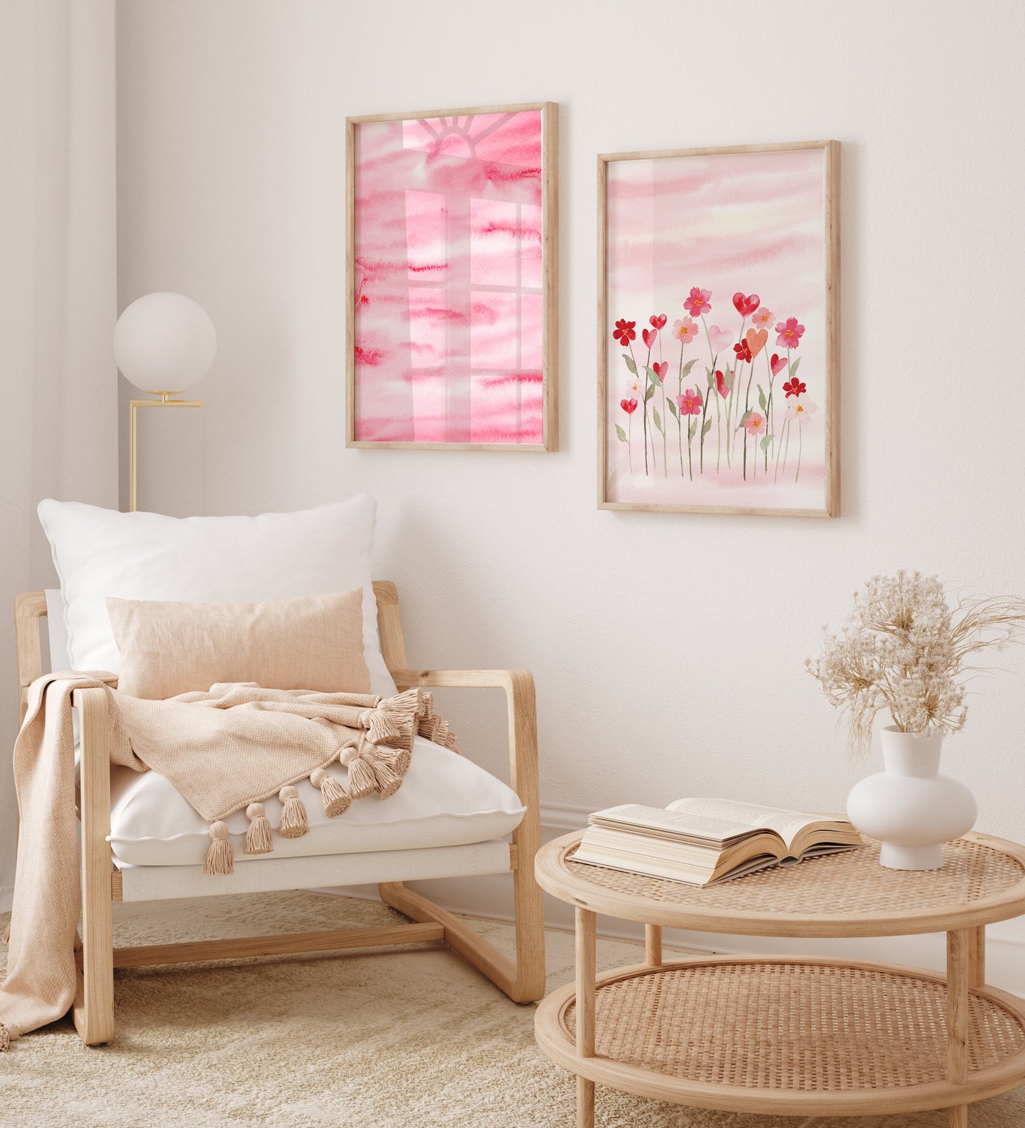 Beigh minimal living room with pink posters by Blue Water Songs hanging on the wall