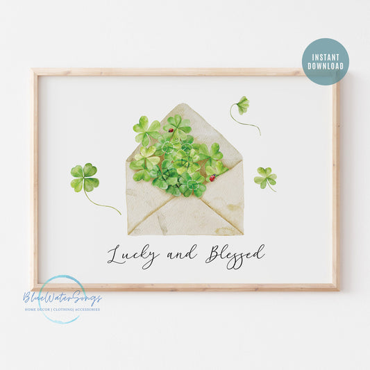 Watercolor Clover Printable Wall Art, Lucky and Blessed St. Patrick&#39;s Day Print, St. Patrick&#39;s Day Decor, DIGITAL DOWNLOAD