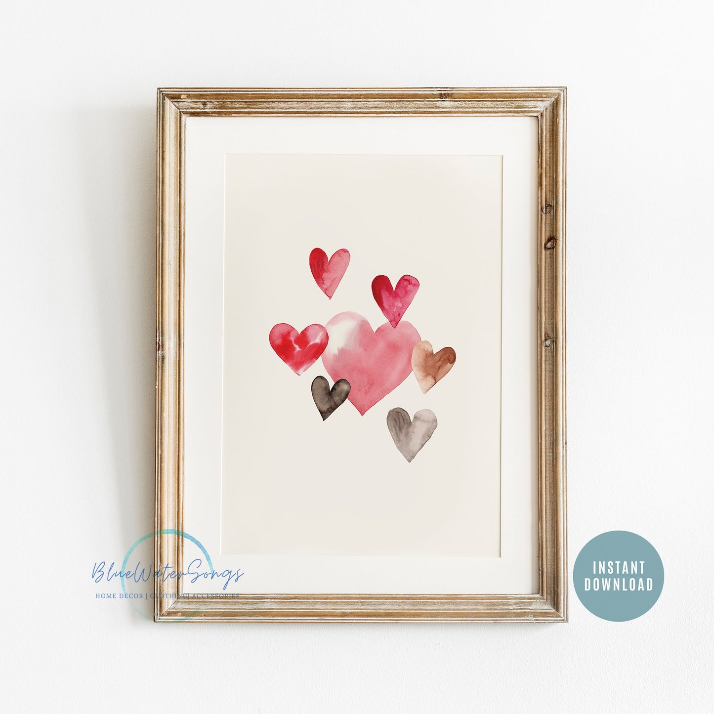 Watercolor Hearts Print Valentines Printable Art by Blue Water Songs