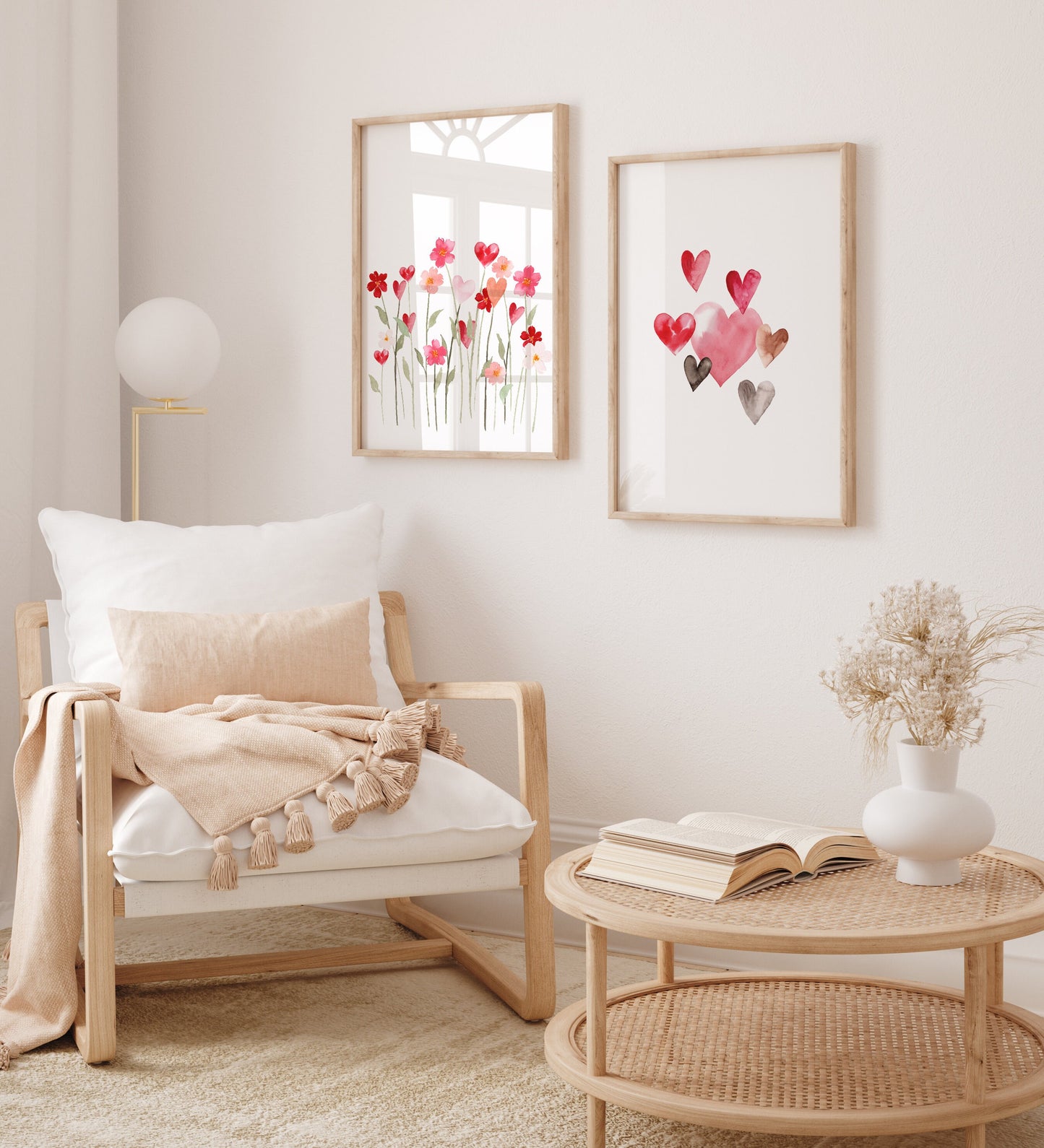 cute neutral living room decor with pink hearts posters on the wall