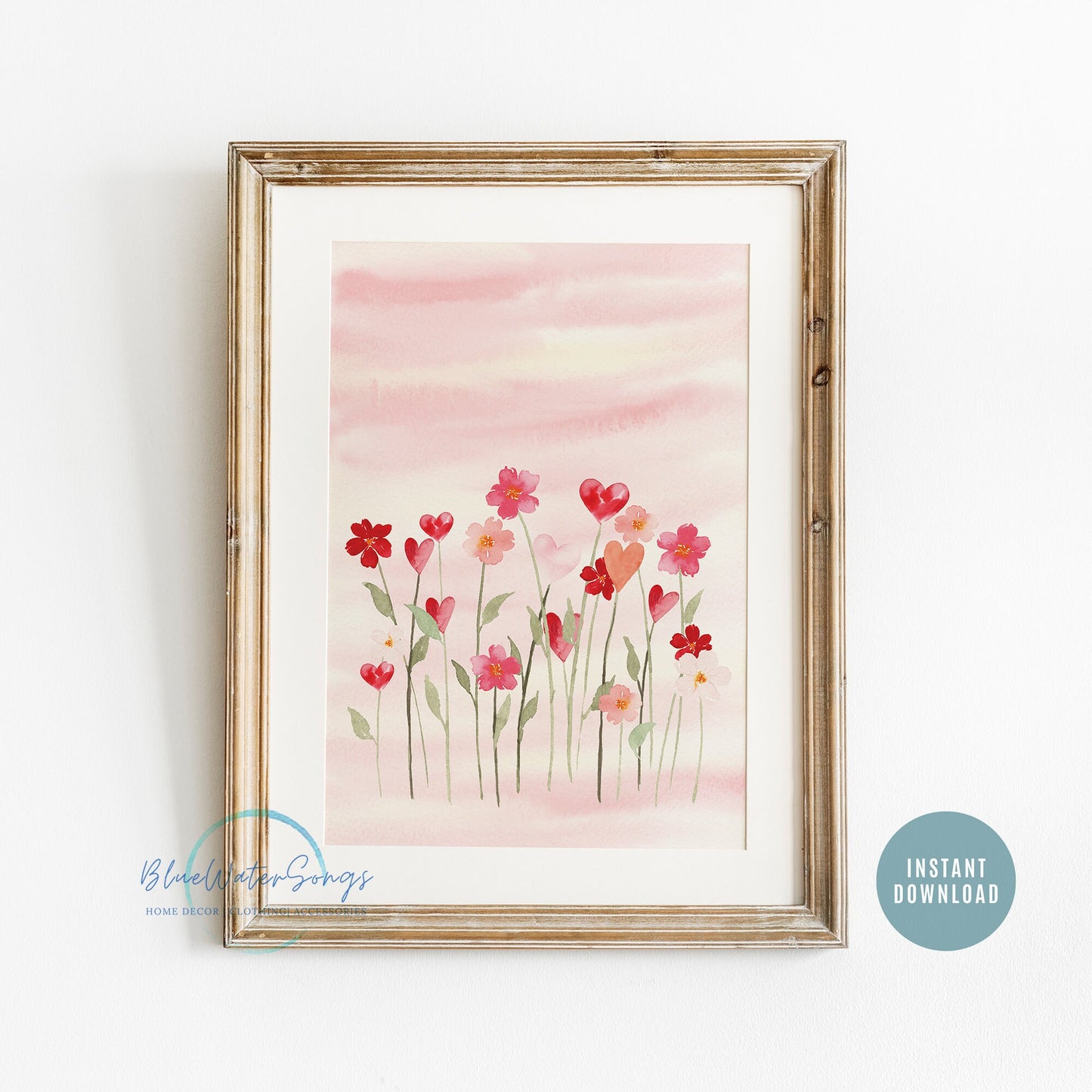 Watercolor Heart and Flowers Print, Valentines Day Art, Watercolor Pink Flower Watercolour Painting, Pink wall art, Instant Download