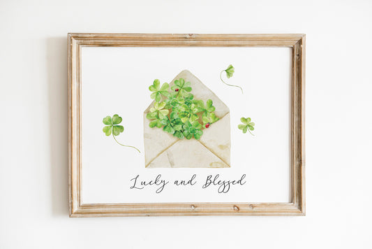 Watercolor Clover Printable Wall Art, Lucky and Blessed St. Patrick&#39;s Day Print, St. Patrick&#39;s Day Decor, DIGITAL DOWNLOAD