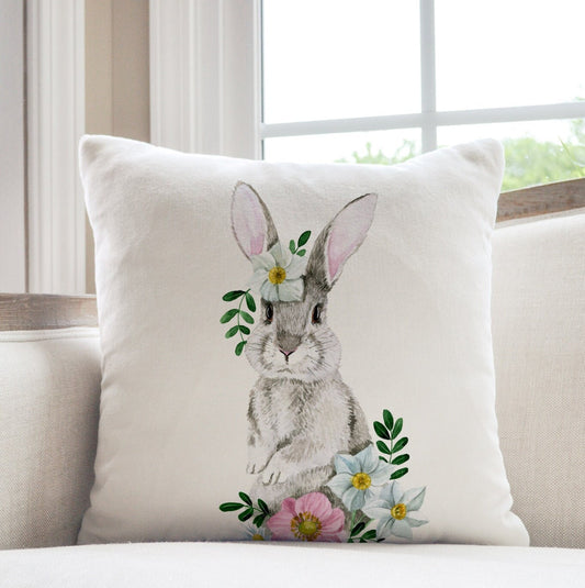 Aquarelle Lapin et Fleurs OREILLER &amp; COUVERTURE | DÉCOR PRINTEMPS PÂQUES