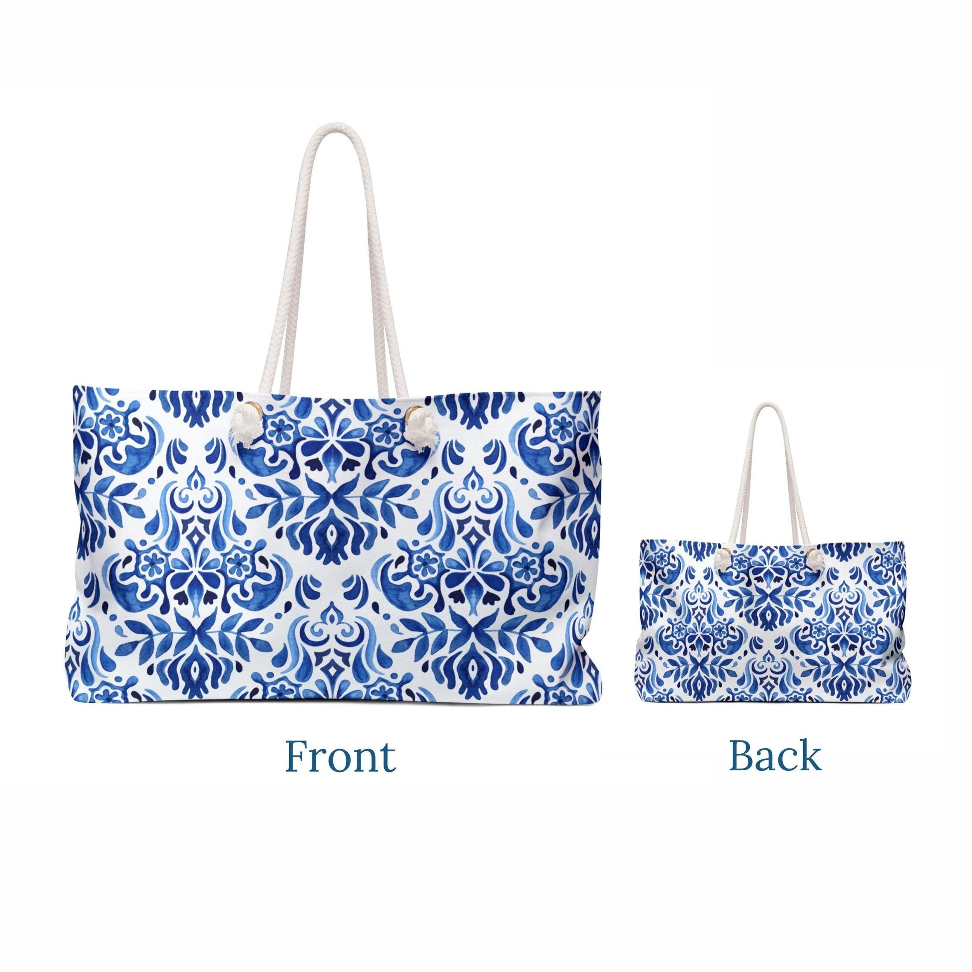 front and back of Blue Sicilian Floral Tile Pattern Beach Bag - WEEKENDER BAG from Blue Water Songs