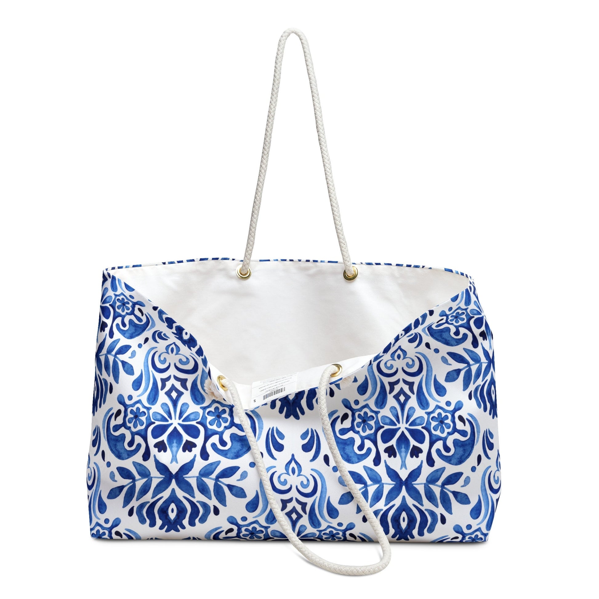 inside Blue Sicilian Floral Tile Pattern Beach Bag - WEEKENDER BAG from Blue Water Songs