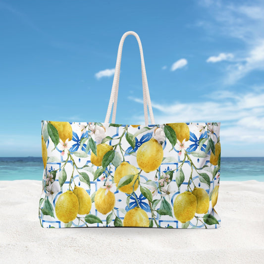 Watercolor Italian Lemon and Blue Tile Pattern Beach Bag - WEEKENDER BAG from Blue Water Songs