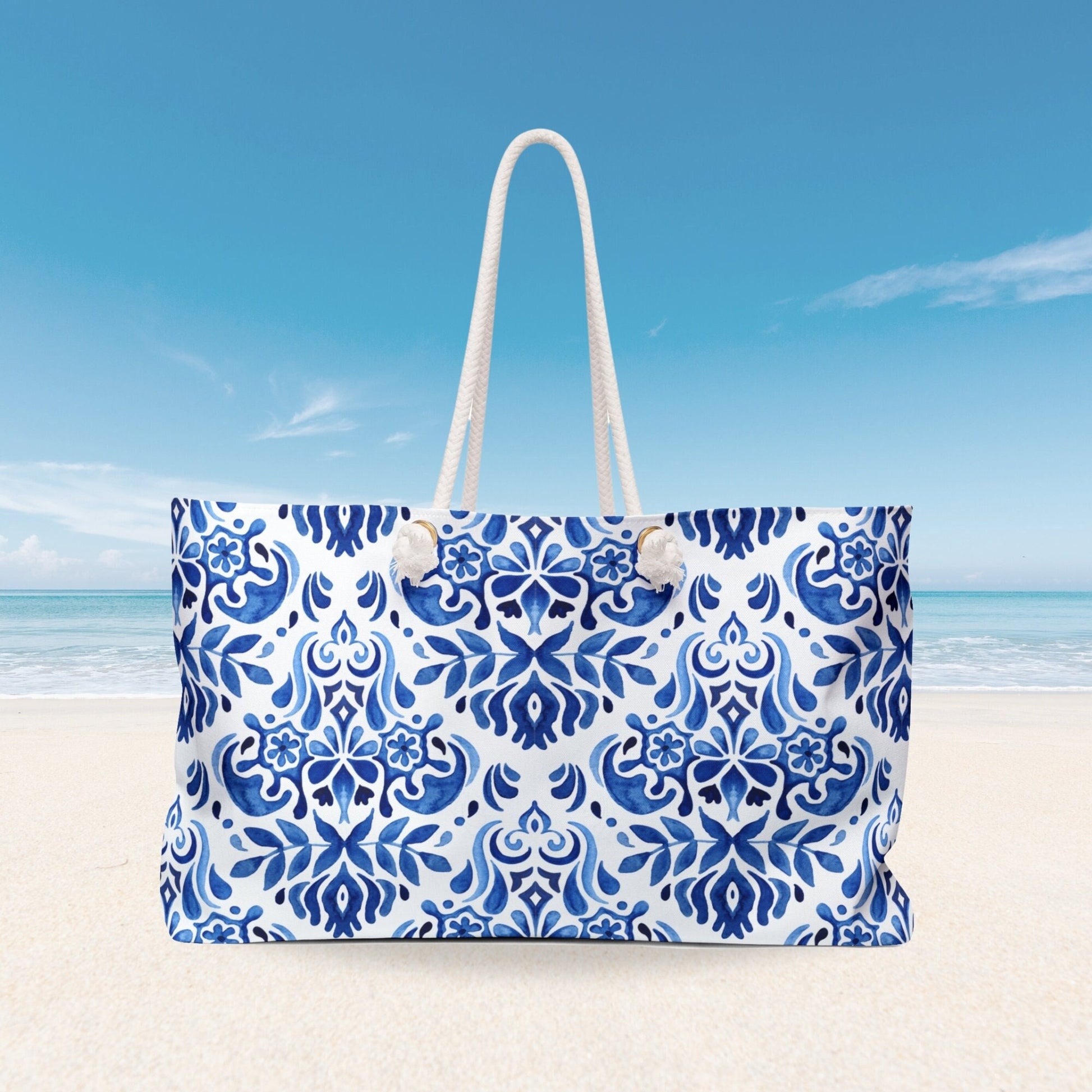 Blue Sicilian Floral Tile Pattern Beach Bag - WEEKENDER BAG from Blue Water Songs