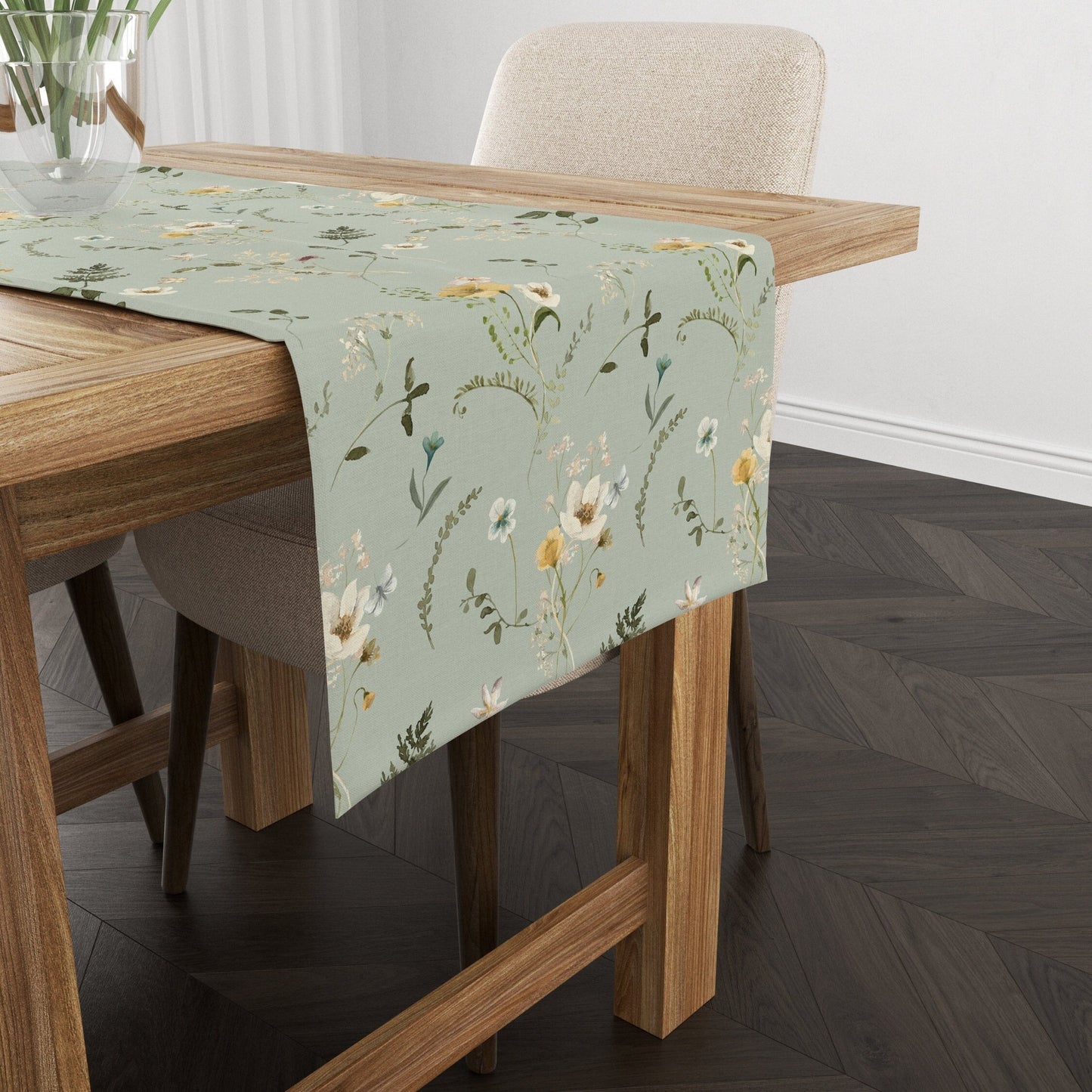 wood table cover with Watercolor Wildflower and Foliage TABLE RUNNER from Blue Water Songs
