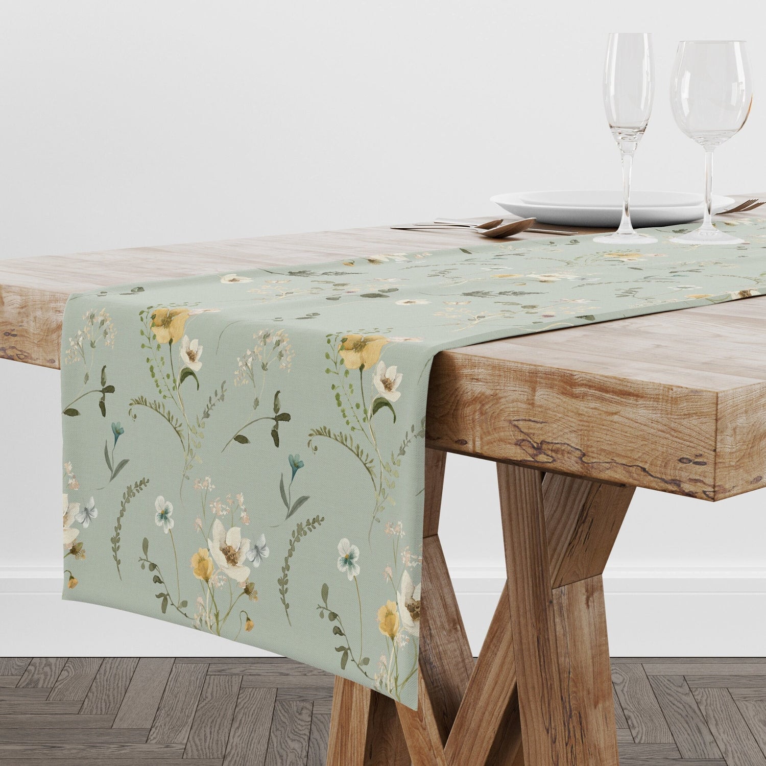 wood table with Watercolor Wildflower and Foliage TABLE RUNNER from Blue Water Songs