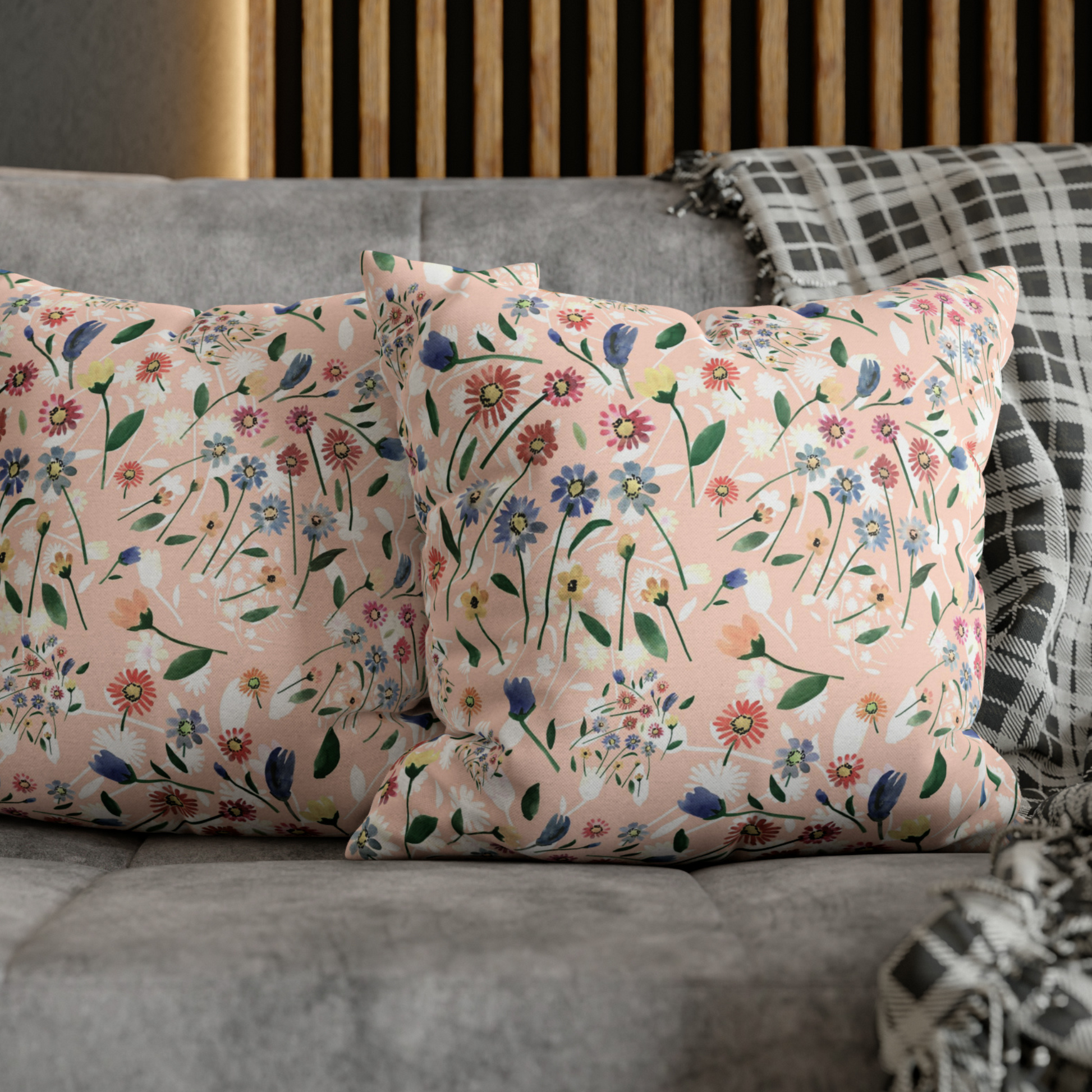 Pink Floral Spring PILLOW & COVER featuring vibrant wildflowers on a soft pink background for home decor.