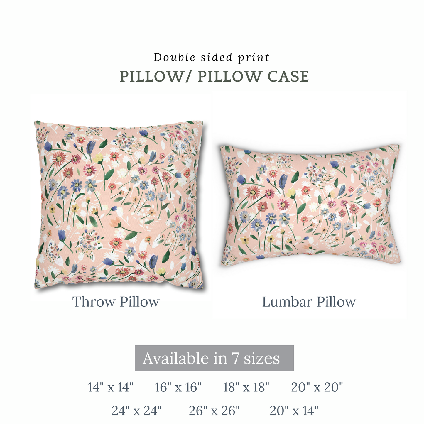 Two-sided Pink Floral Spring PILLOW and pillow case, featuring vibrant floral design, available in 7 sizes.