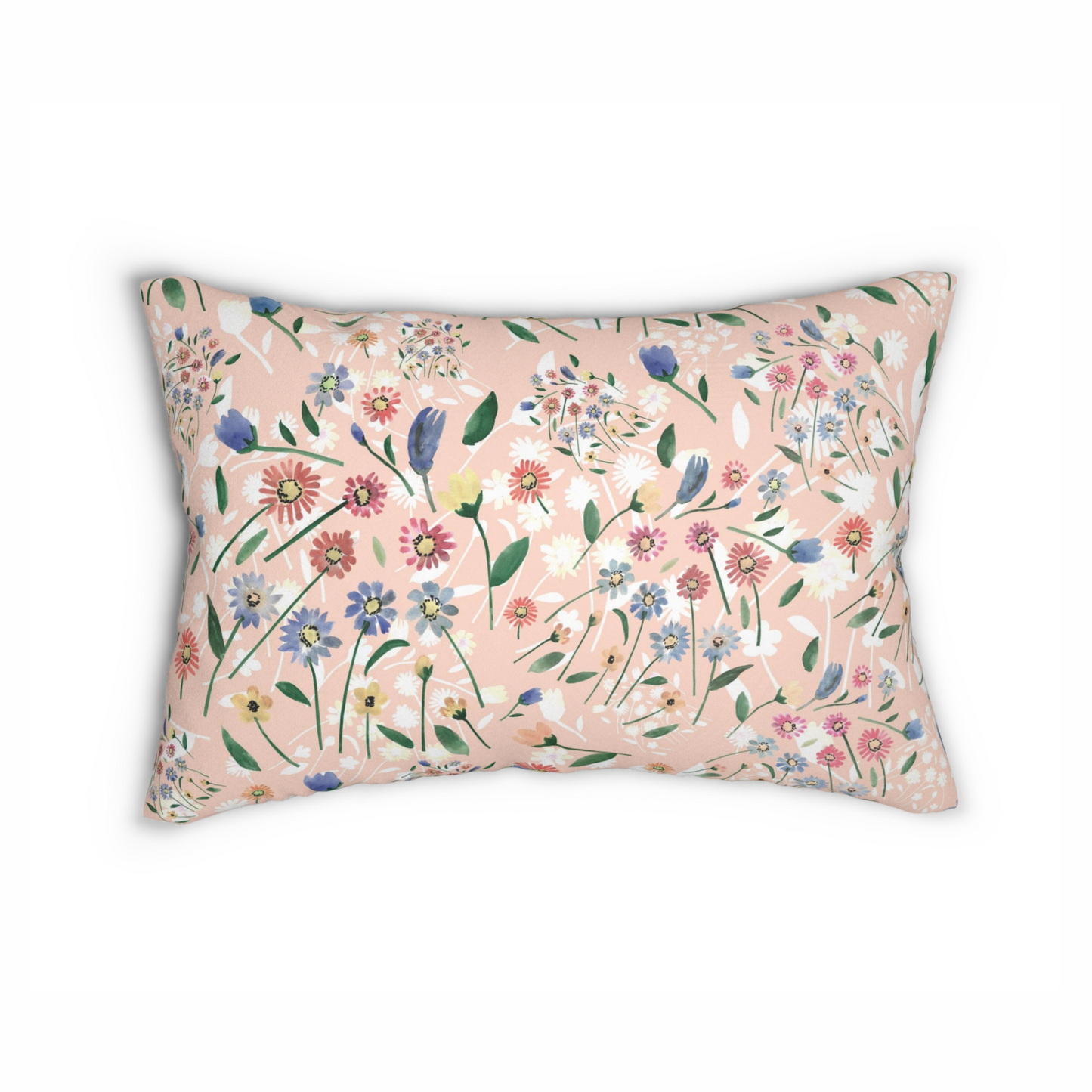 Pink Floral Spring PILLOW featuring vibrant wildflowers design on a soft pink background.
