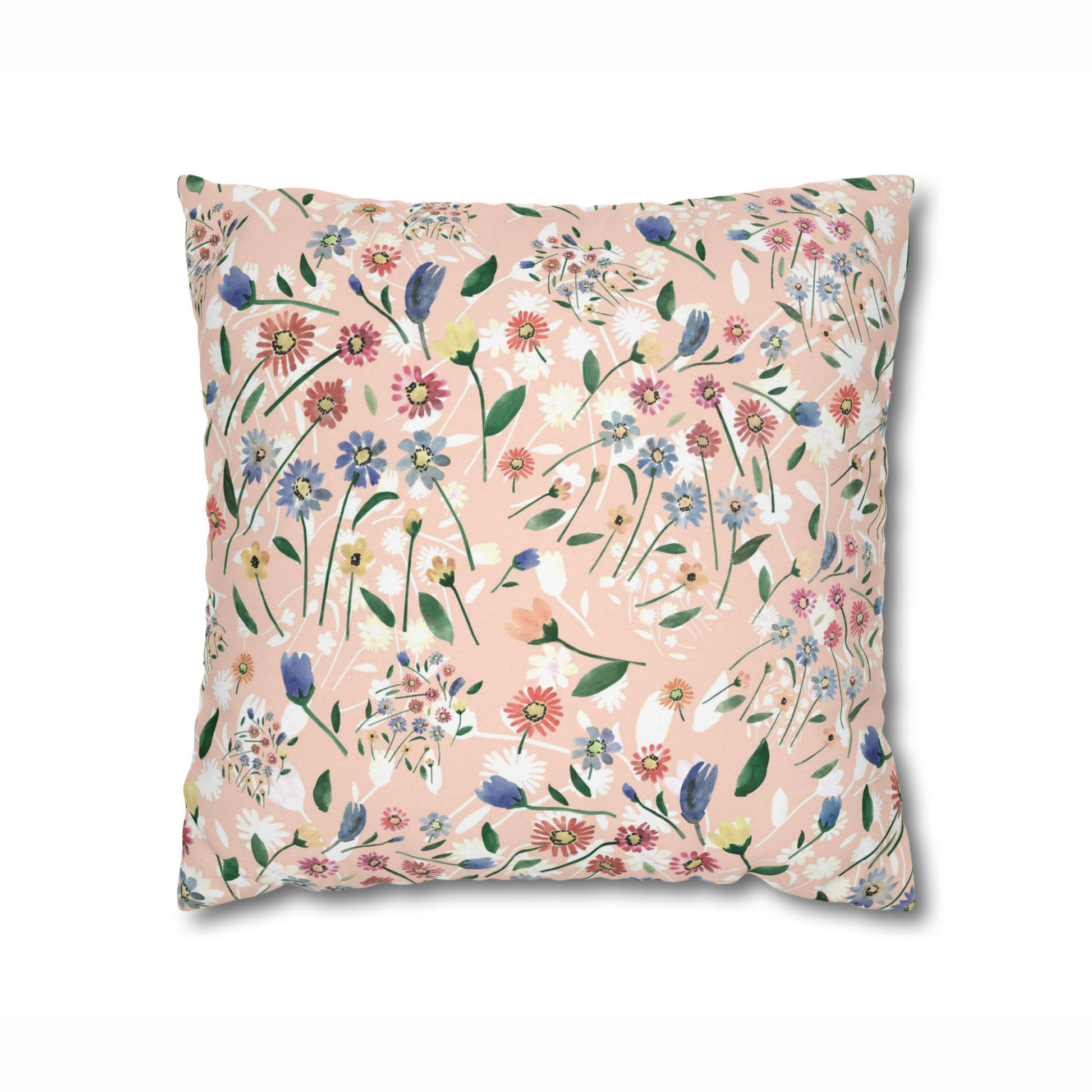 Pink Floral Spring PILLOW featuring soft pink blossoms and wildflowers on a stylish cover.