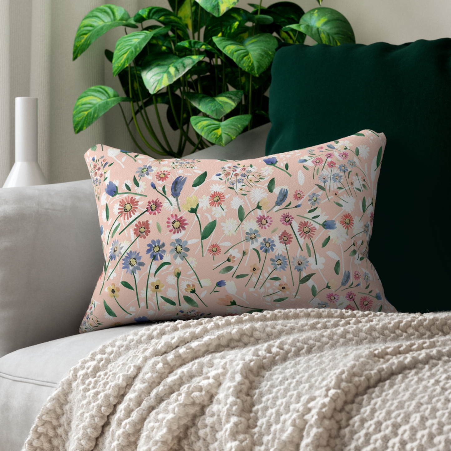 Pink Floral Spring PILLOW & COVER featuring bright blossoms on a soft pink background, perfect for spring decor.
