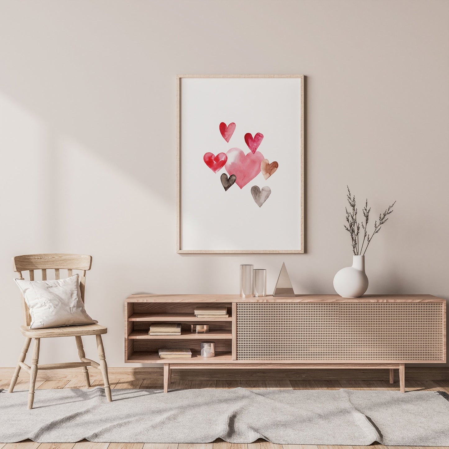 elegant living room with big heart poster on the wall