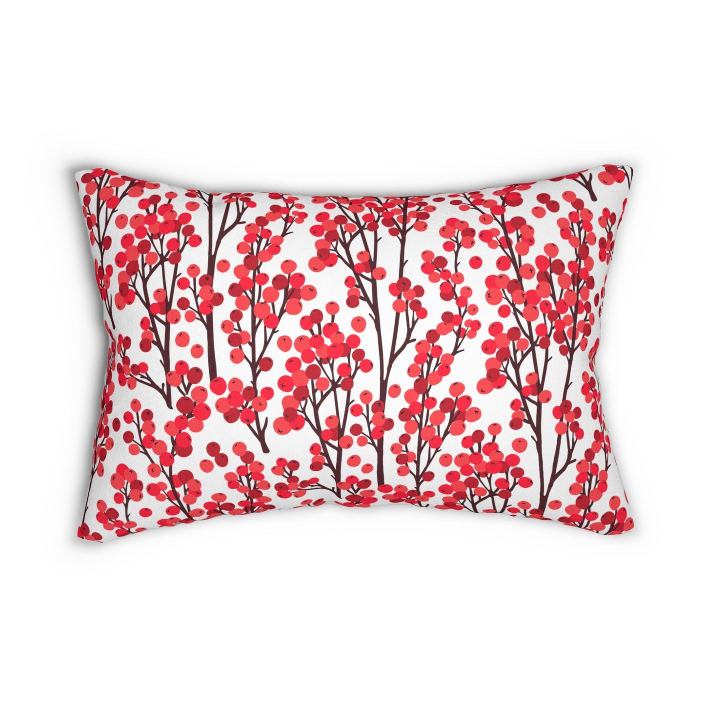 Red winter berry botanical lumbar pillow on white background – festive seasonal decor
