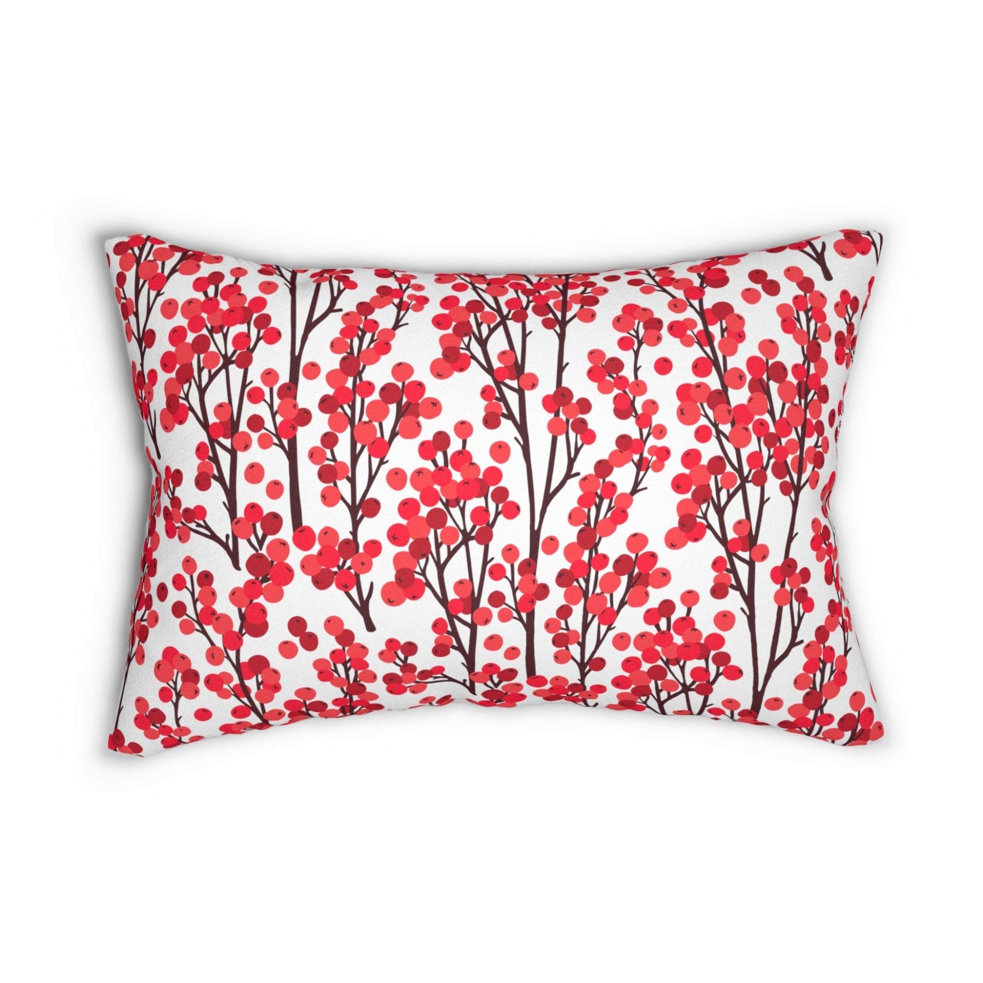 Red winter berry botanical lumbar pillow on white background – festive seasonal decor