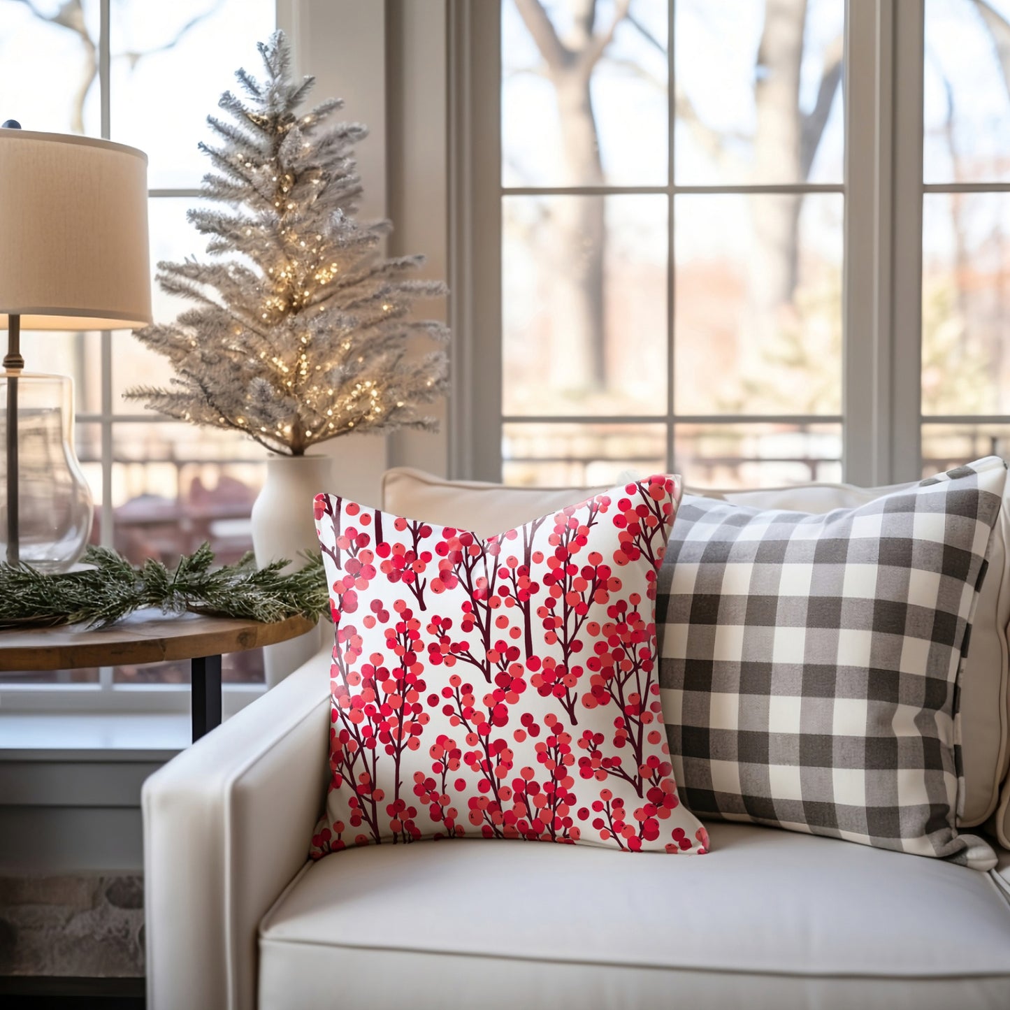 Red winter berry botanical pillow on white armchair with holiday decor and plaid cushion