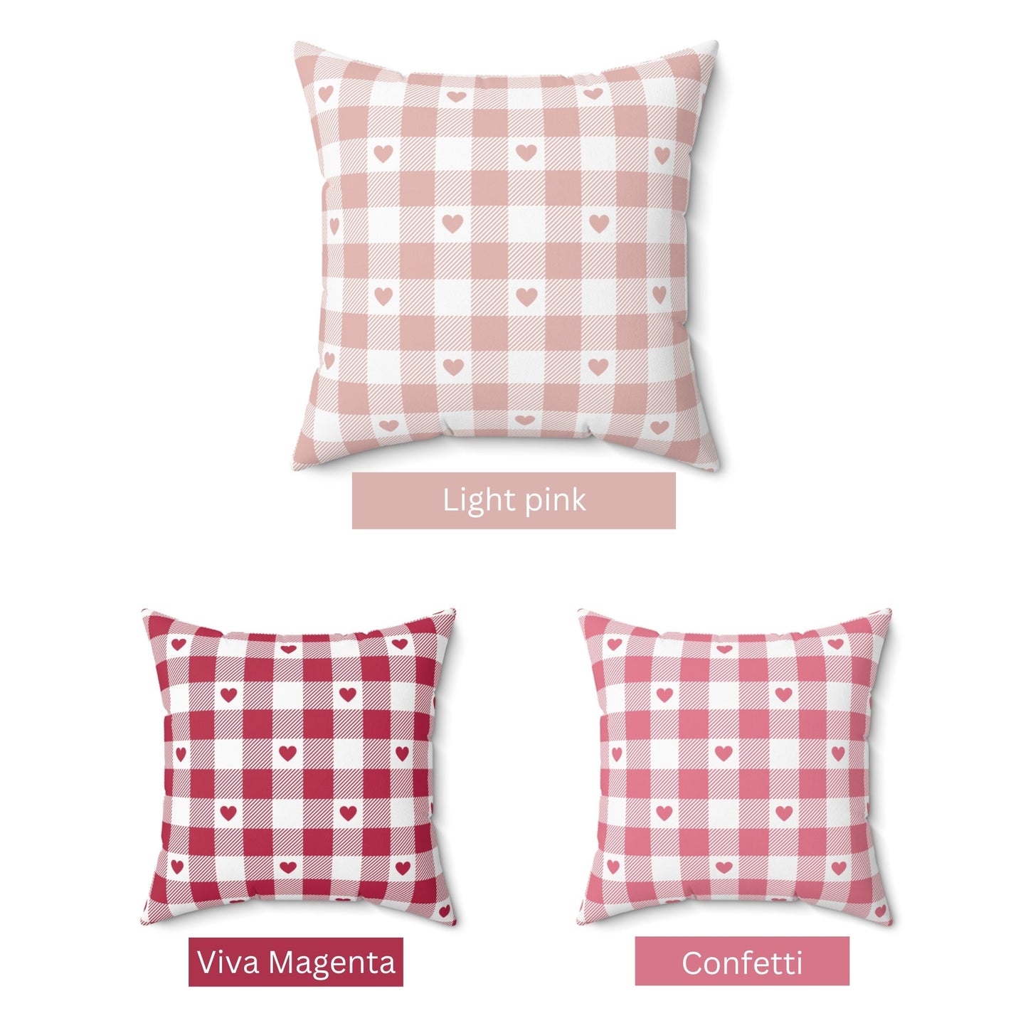 Valentine Pink Gingham Hearts PILLOW in light, medium, and deep pink shades shown together