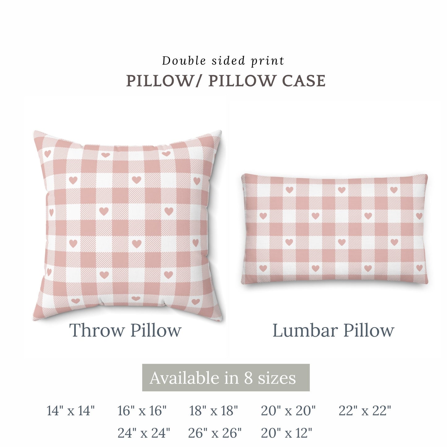 Valentine Pink Gingham Hearts PILLOW with size chart – blush checkered design