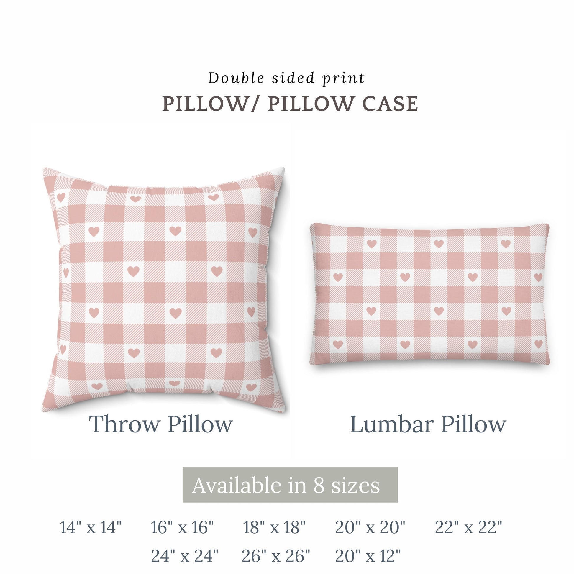 Valentine Pink Gingham Hearts PILLOW with size chart – blush checkered design
