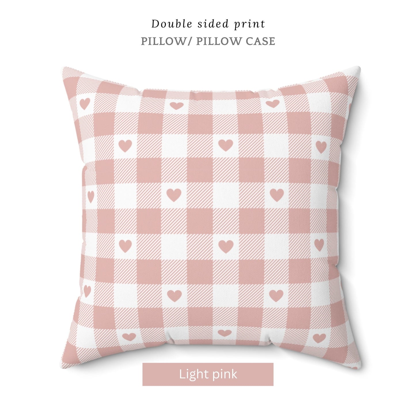 Valentine Pink Gingham Hearts PILLOW on white background – soft blush checkered design