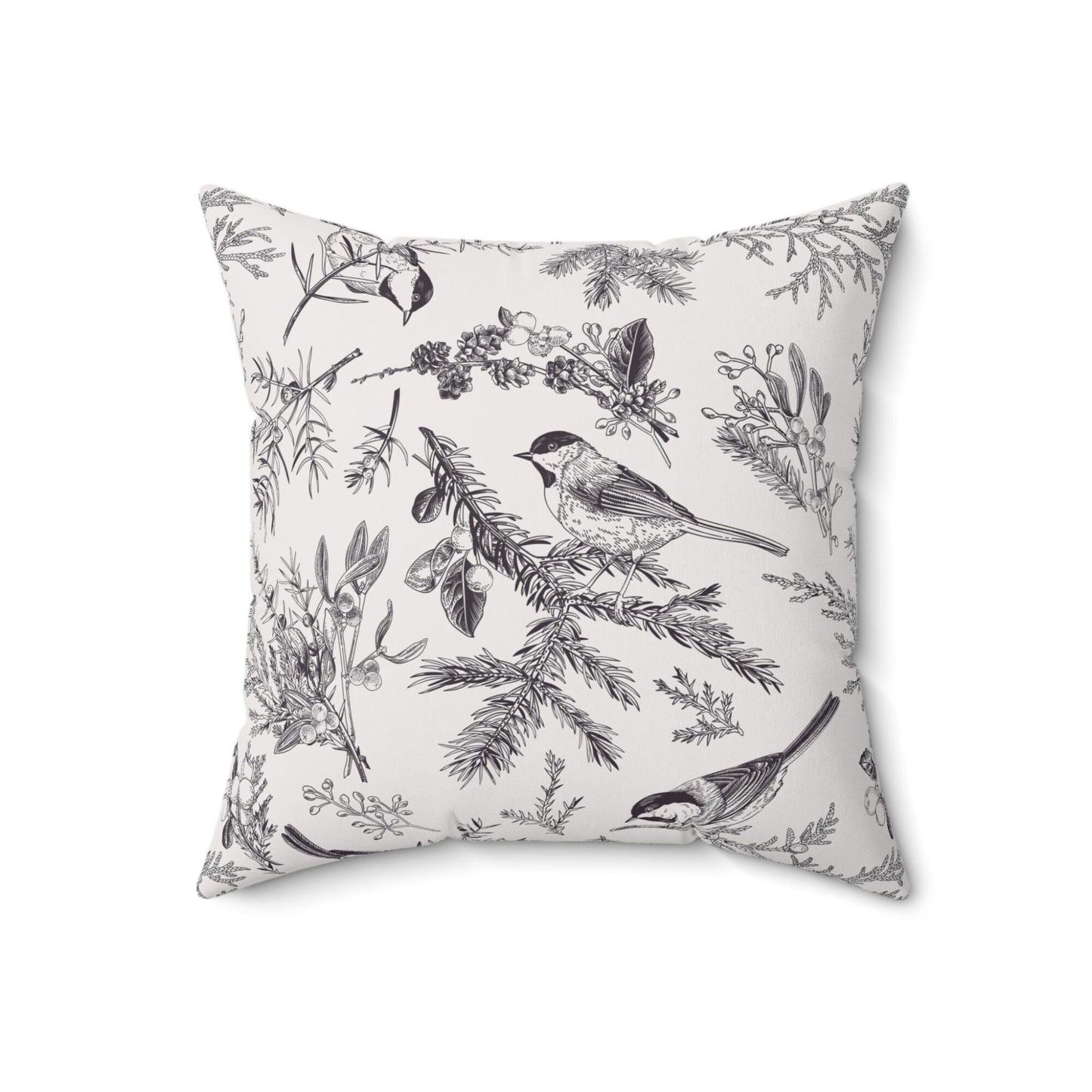 White pillow with black bird and botanical sketches, minimalist winter cushion