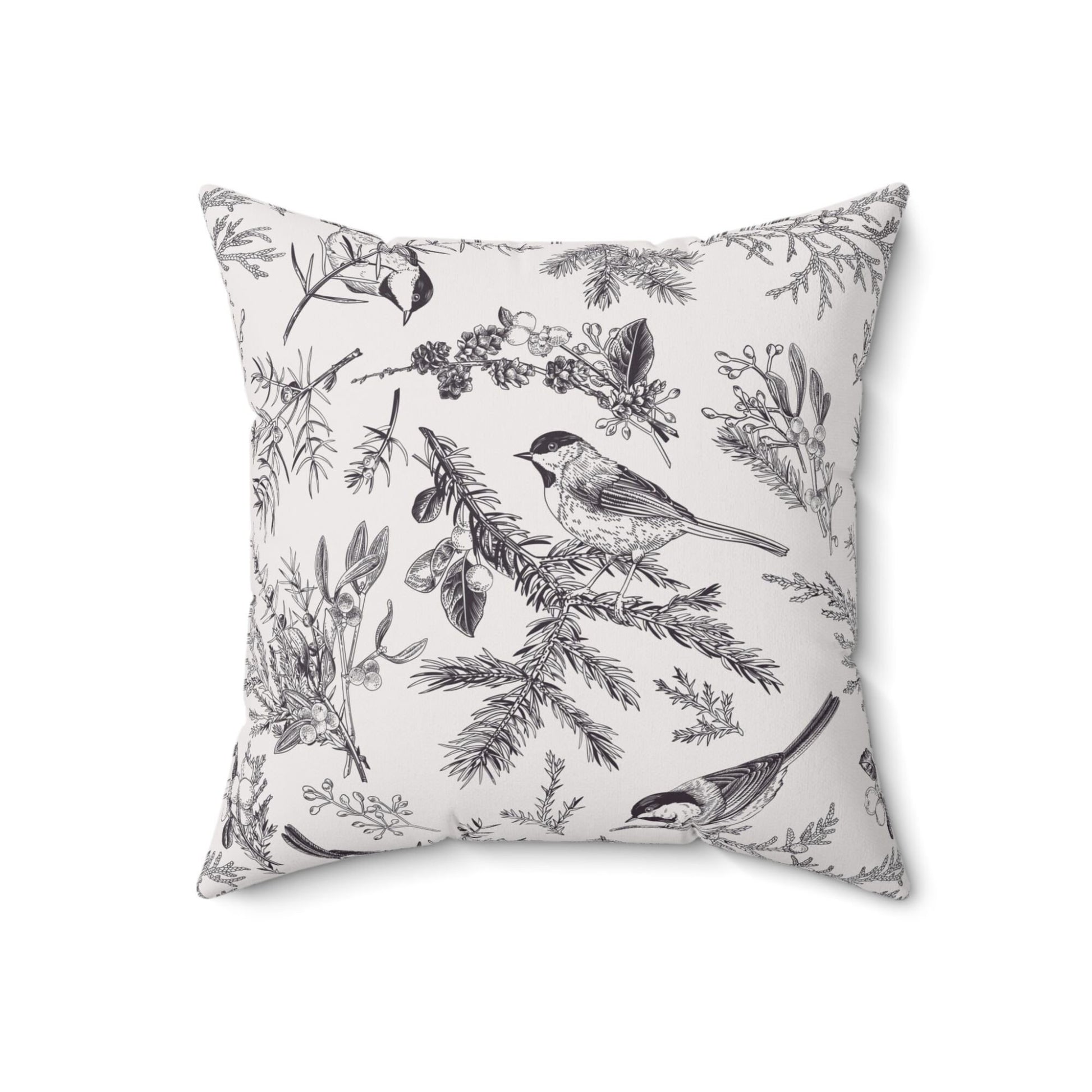 White pillow with black bird and botanical sketches, minimalist winter cushion